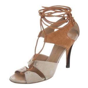 Proenza Schouler | Beige & Camel Suede Ankle Tie Wrapped Caged Heeled Sandals